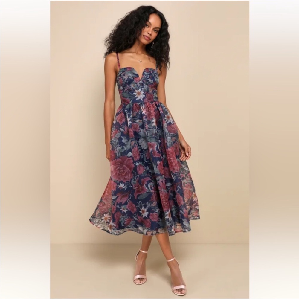 Lulu's Navy Floral Sweetheart Midi Dress